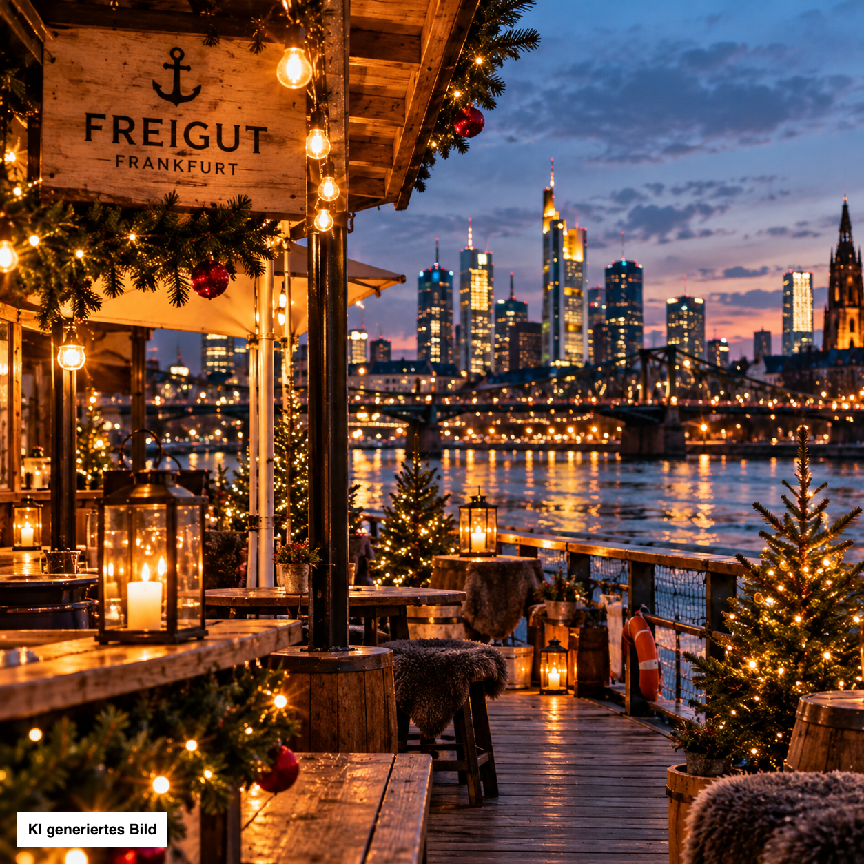 Winterliche Lichter am Frankfurter Flussufer